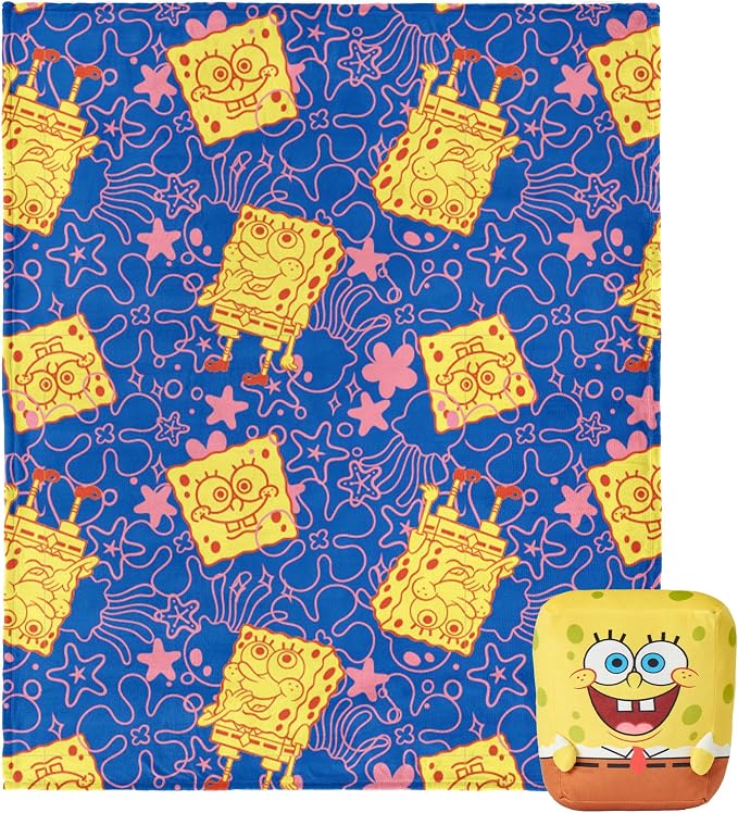 Northwest Spongebob Spongey Smiles Hugger Pillow & Silk Touch Throw Blanket Set, Stuffed Animal, 50x60 inch Blanket and 11 inch Plushie