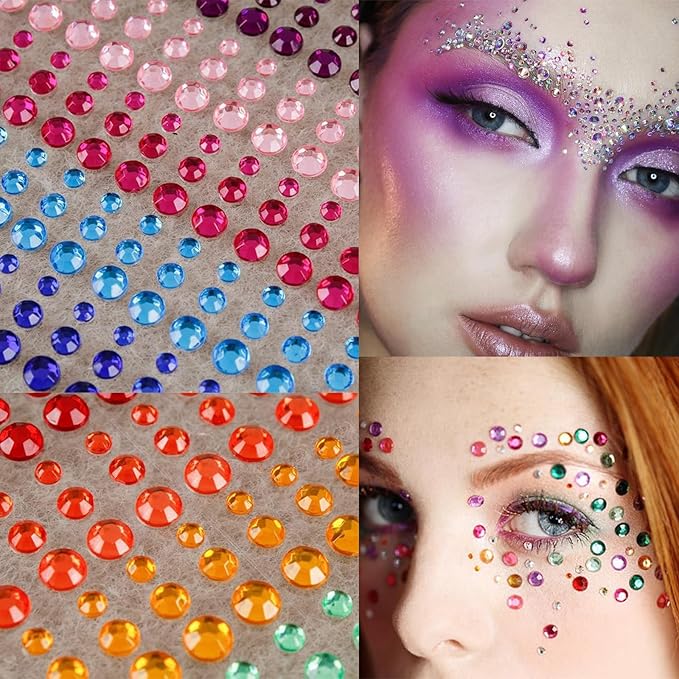 1345 Pcs Eye Face Rainbow Rhinestone Stickers Acrylic Self Adhesive Gems Jewels Crystal Stick on for Hair Nail Body DIY Makeup Festival Diamonds Accessories