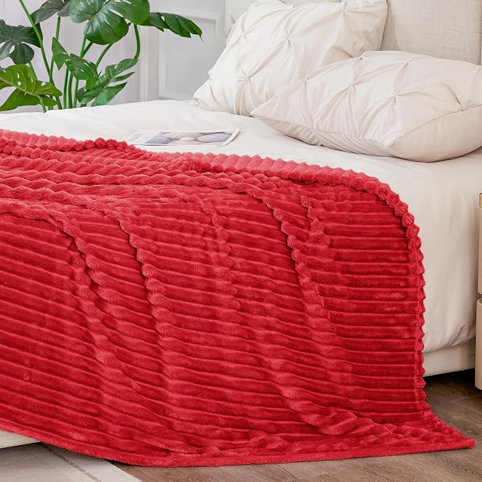 BEDELITE 3D Ribbed Jacquard Red King Size Blankets for Bed, 108x90 Inch | Soft Warm Decorative Fluffy Blanket, Cozy Fuzzy Lightweight Plush Fleece Throw Blankets for Bed, Room Decor, Gift for Women