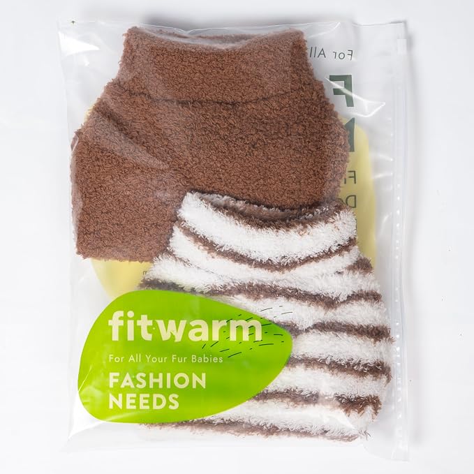 Fitwarm 2 Pack Striped Fleece Dog Sweater, Warm Winter Clothes for Small Dogs Boy Girl, Fuzzy Pet Outfit, White, Brown, Small