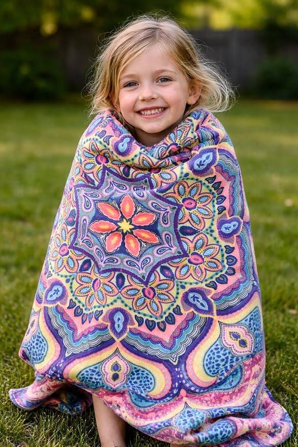 Boho Floral Fleece Throw Blanket: Mandala Bohemian Botanical Paisley Damask Velvety Soft, Bright Purple Pink Yellow White Durable Plush Accent for Bed or Couch, 50" x 70"