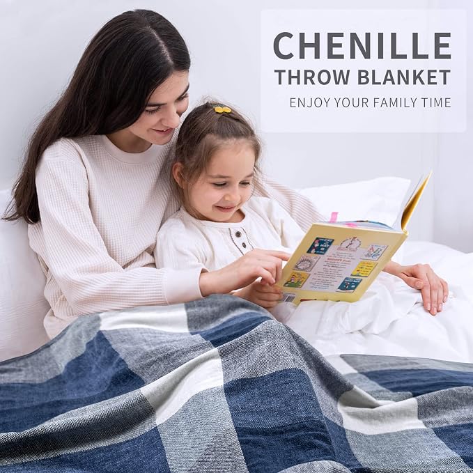 RECYCO Buffalo Plaid Chenille Throw Blanket, 50"x60", Navy Off White | Super Soft Knit Throw Blanket with Tassels, Lightweight, Cozy, Farmhouse Decor, Ideal for Couch Sofa Chair Bed Living Room