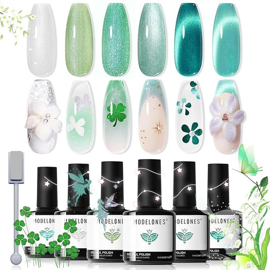 modelones Glitter Gel Nail Polish Set, 6 Colors White Green Lake Blue Pearl Shimmer 9D Cat Eye Gel Polish with Magnet Soak Off LED Nail Art Kit Salon DIY Home Gift