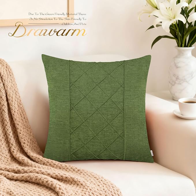BRAWARM Chenille Throw Pillow Covers 18x18 Inches, Forest Green, 2 Pack | Decorative Pleated Pillow Covers, Soft Cushion Cases for Sofa Bed Living Room Home Farmhouse (No Insert)
