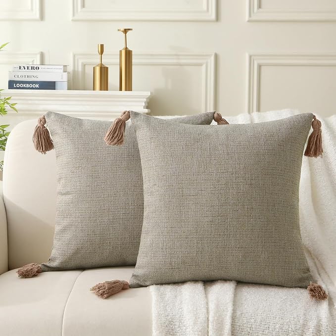 Decorative Throw Pillow with Tassels, 18x18 Farmhouse Pillows with Inserts, Square Boho Pillow for Couch, Patio, Bed, Sofa Decor (Light Linen, 18" x 18"(Pack of 2))