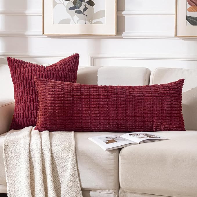 Fancy Homi Decorative Throw Pillow Covers for Bed Couch Bedroom Bench, Soft Corduroy Solid Pillow Case, Rustic Farmhouse Boho Room Decor,36" x 14" (Pack of 1),Burgundy