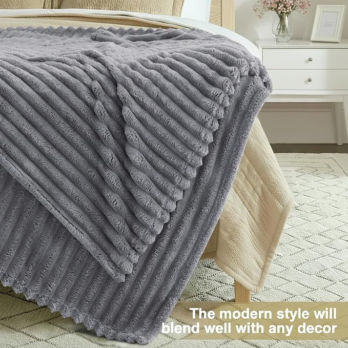 decorUhome Grey Fleece Throw Blanket 50x60 Inches | Soft Couch Cozy Fluffy Plush Flannel Striped Blanket for Sofa Bed, Lightweight Decorative Ribbed Fuzzy Blanket for Woman