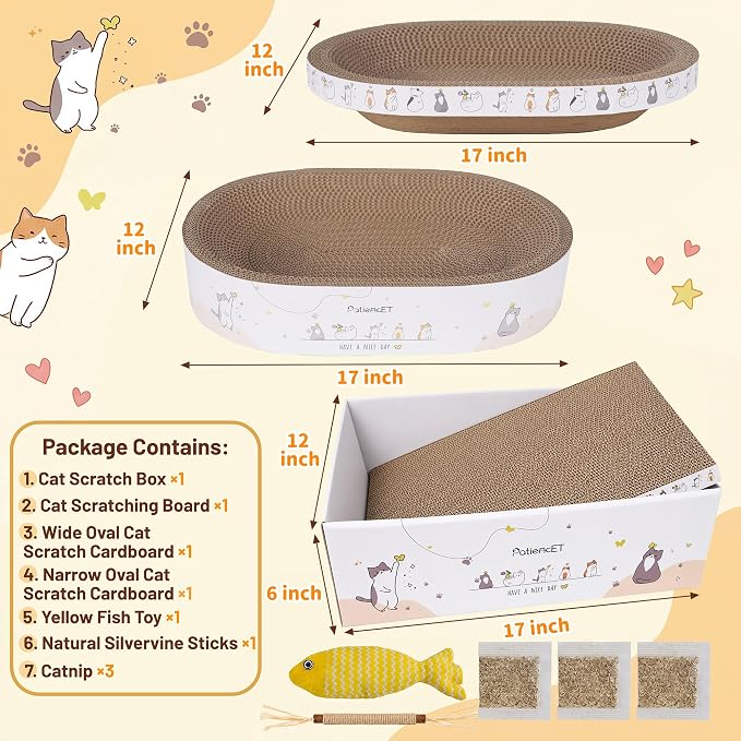 PatiencET 3-in-1 Cat Scratcher Cardboard Set for Indoor Cats | Cat Lounge Box with Wide & Slim Oval Cat Beds, Corrugated Cat Scratching Board for Furniture Protection, Rest & Play
