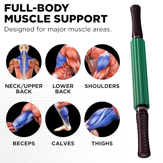 THERABAND Roller Massager+, 19"-21" Retractable Muscle Massage Stick for Full-Body Use, Deep Tissue & Trigger Point Self-Massage, Portable Handheld Fascia Release Tool for Runners, Athletes