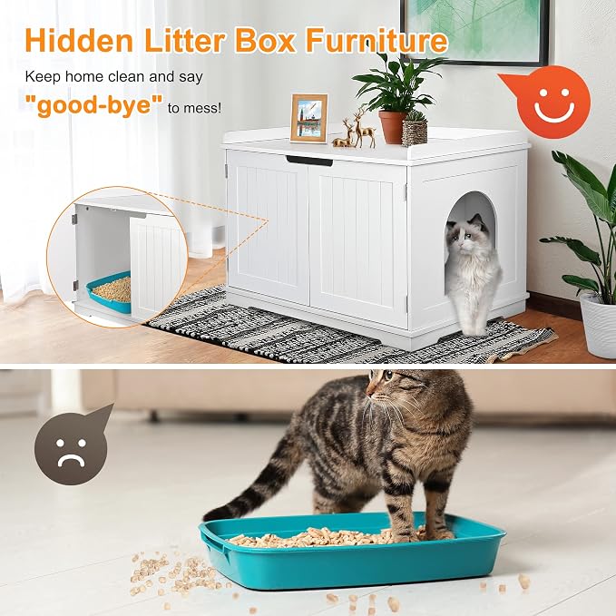 Pet Republic Hidden Cat Litter Box Enclosure Cat Litter Box Furniture Washroom House Table Nightstand (White)
