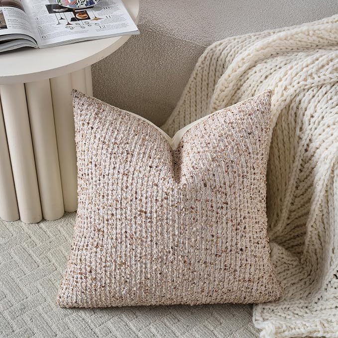 18x18 Beige Throw Pillow Cover Textured Boucle Striped Chic Morden Boho Accent Farmhouse Square Decorative Couch Pillow Cover for Home Decor Bed Sofa Living Room