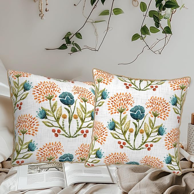 KSLIDS Floral Leaf Soft Velvet Throw Pillow Covers Set of 2 Orange Flowers Sage Green Leaves Decorative Pillow Covers 18x18 Inch Farmhouse Pillow Case for Sofa Couch Living Room Home Decor