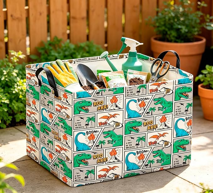 CLOCOR Rectangular Storage Bin,Waterproof Book Box,Room Decor(Comic Dinosaur)