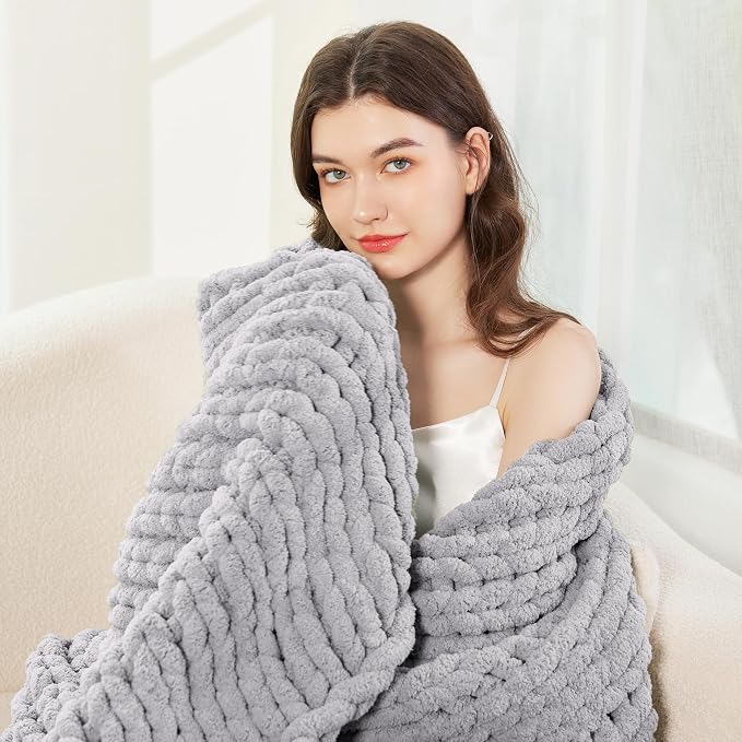 Chunky Knit Blanket Throw for Couch, 51"x63" Chunky Yarn Knitted Blankets | 100% Hand Knit Thick Chenille, Soft Breathable for Bed, Sofa, Home Decor, Cozy Gifts for Women Friends, Light Gray