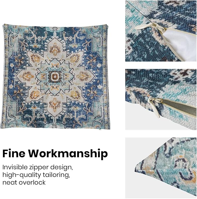 AEIOAE Boho Pillow Covers 20x20 Inch Set of 2,Carpet Pattern Throw Pillows Case,Blue Yellow Ethnic Design Outdoor Decorative Square Linen Farmhouse Decor Cushion Covers for Home Sofa Bed Couch