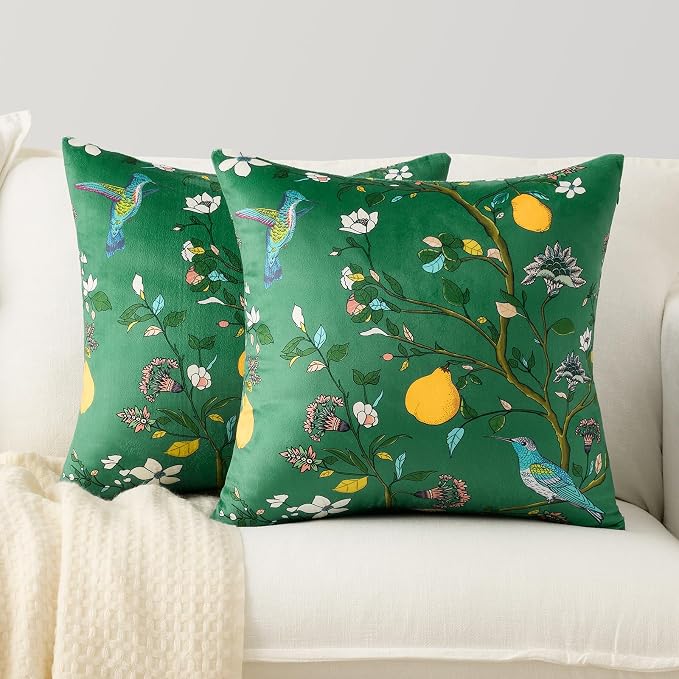 MUSSEL Green Velvet Floral Decorative 20x20 Pillow Covers Set of 2 | Soft Durable and Sturdy,Bird Plant,Throw Pillows Case,Square,Colorful Mid Century Cushion Covers,Sofa Couch Decor