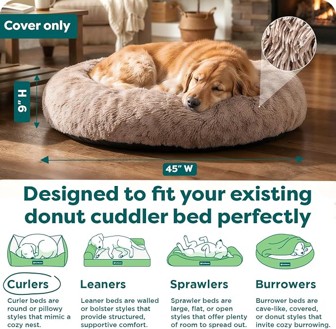 FurHaven Replacement Dog Bed Cover, Long Faux Fur for Calming Cuddlers, Machine Washable, Customizable Filling, Jumbo XL, Faux Fur, Taupe