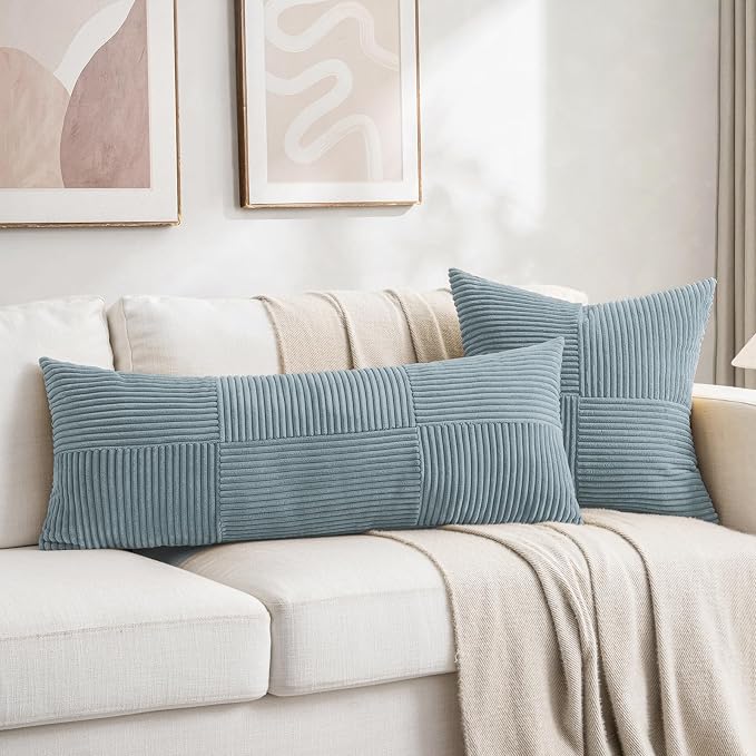 Fancy Homi Set of 1 Light Blue Boho Long Lumbar Body Decorative Throw Pillow Cover 21x54 Inch for Bed Couch Bedroom Bench, Soft Patchwork Corduroy Textured Pillow Case, Coastal Blue Room Decor