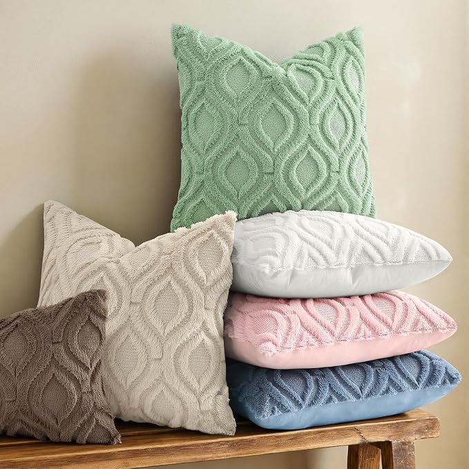decorUhome Faux Fur Plush Soft Beige Throw Pillow Covers 12x20 Set of 2 | Wool Solid Fall Couch Pillow Covers, Accent Modern Farmhouse Neutral Decorative Square Pillow Cases for Sofa Bed Living Room