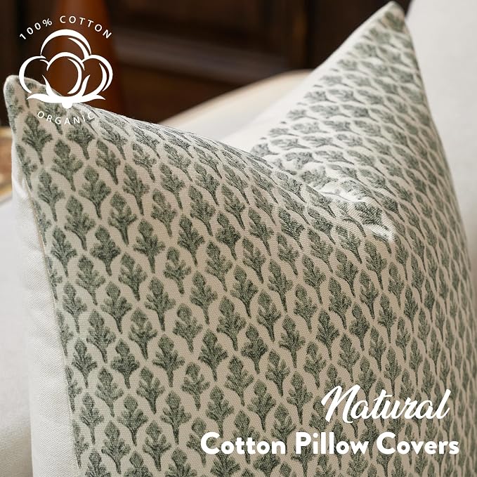 FIOUOVO Floral Pillow Covers 24x24 Pillow Cover Block Print Couch Pillows for Living Room Decorative Neutral Accent Throw Pillow Covers, 1PC, Olive Green