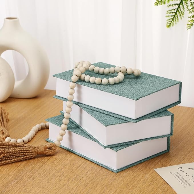 Tioncy 3 Pcs Decor Linen Faux Book Box Set Aesthetic DIY Fake Linen Book Box for Decor Storage Cafe Table Bookshelf Gift Home Keepsake(8.6 x 6.1 x 1.8 Inch,Green)