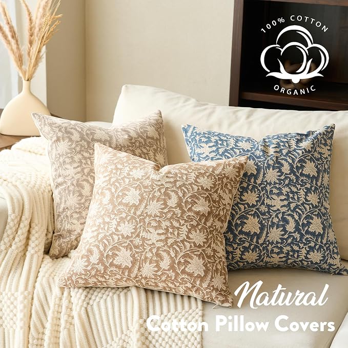 FIOUOVO Floral Throw Pillow Covers 24x24 Farmhouse Block Print Pillow Covers Decorative Pillow Covers Couch Pillows for Living Room Vintage Accent Sofa Pillows Set of 2, Vintage Blue