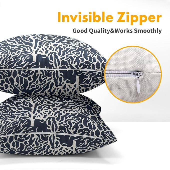 Nautical Coastal Coral Pillow Covers 22x22 Inch Set of 2 Summer Ocean Beach Navy Blue Decorative Pillow Cases Outdoor Linen Cushion Cover Farmhouse Decor for Bedroom Home Sofa Couch Bed