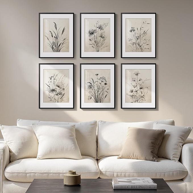Framed Vintage Black and White Boho Botanical Wall Art, 6 Piece 11x14 In | Retro floral painting, Canvas prints with mat, Farmhouse neutral rustic flower artwork, Living room kitchen bedroom pictures