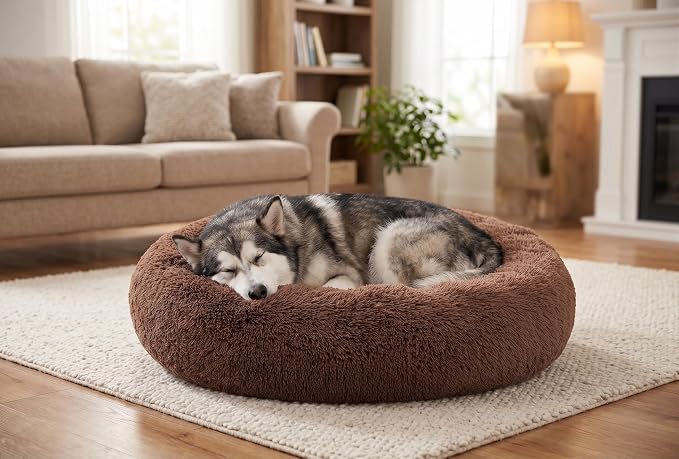 SAVFOX 36 inches Calming Donut Dog Bed - 3X Durable Plush Faux Fur, Machine Washable & Non-Slip, Fits up to 100 lbs, Brown