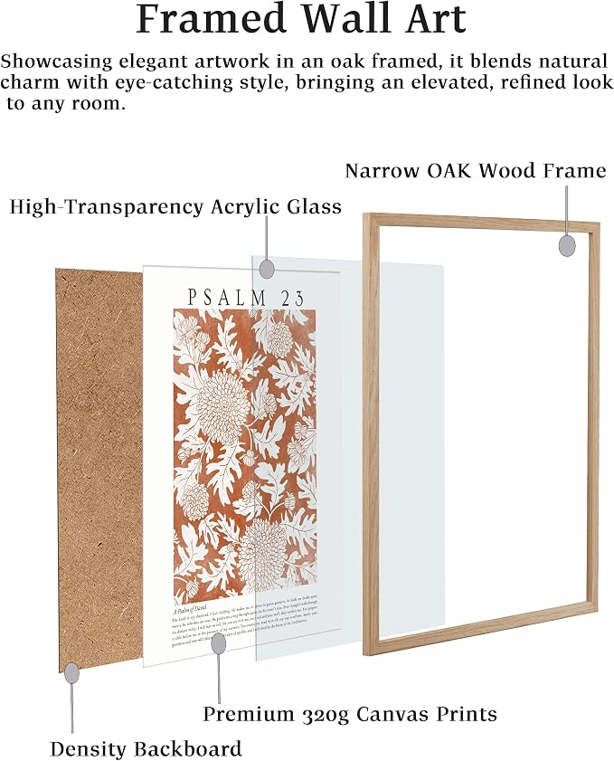 EcoHest 18x24 in Psalm 23 Orange Floral Botanical Framed Christian Wall Art | Solid Oak Wood Frame with Canvas Wall Art, Scripture Bible Verse Wall Decor for Bedroom, Living Room, Office, Church, 1Pack