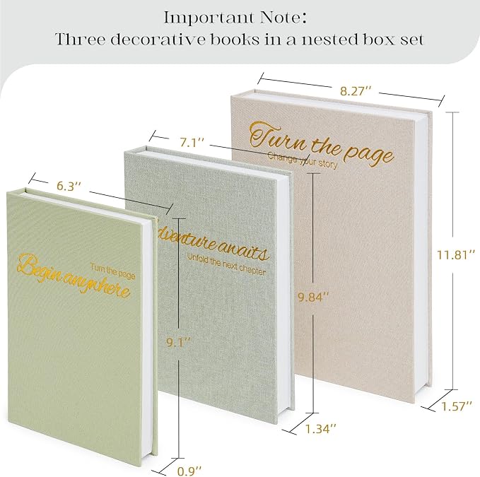 Decorative Book Storage Box Set of 3, Linen Faux Books for Coffee Table, Stylish Decorative Books for Bookshelf, Photo Organization, Keepsake Storage, Home Decor, Grass Green
