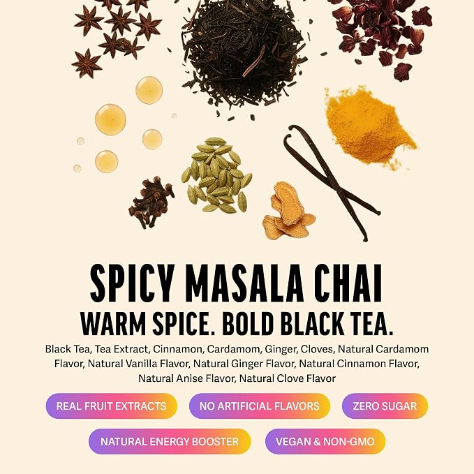Zest Energy Black Tea - Spicy Masala Chai Loose Leaf Blend - High Caffeine Cardamom Ginger Tea with Cinnamon - Caffeinated Coffee Altnernative - Natural, Non-GMO & Keto - 50 Servings - 150mg Caf