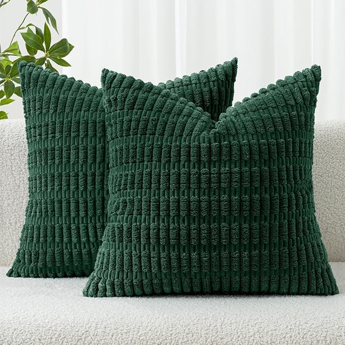 MIULEE Corduroy Decorative Throw Pillow Covers 20x20 Dark Green Pack of 2 | Soft Boho Striped Pillow Covers Modern Farmhouse Home Decor For Sofa Living Room Couch Bed