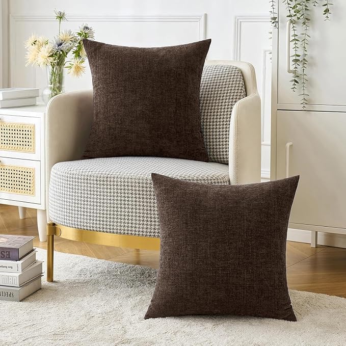 MIULEE Chenille Fall Euro Pillow Covers Chocolate Brown 24x24 Pack of 2 | Soft Modern Fall Decor, Classic Decorative Pillows, Solid Dyed Cases, Couch Cushion Covers for Sofa Bed Living Room
