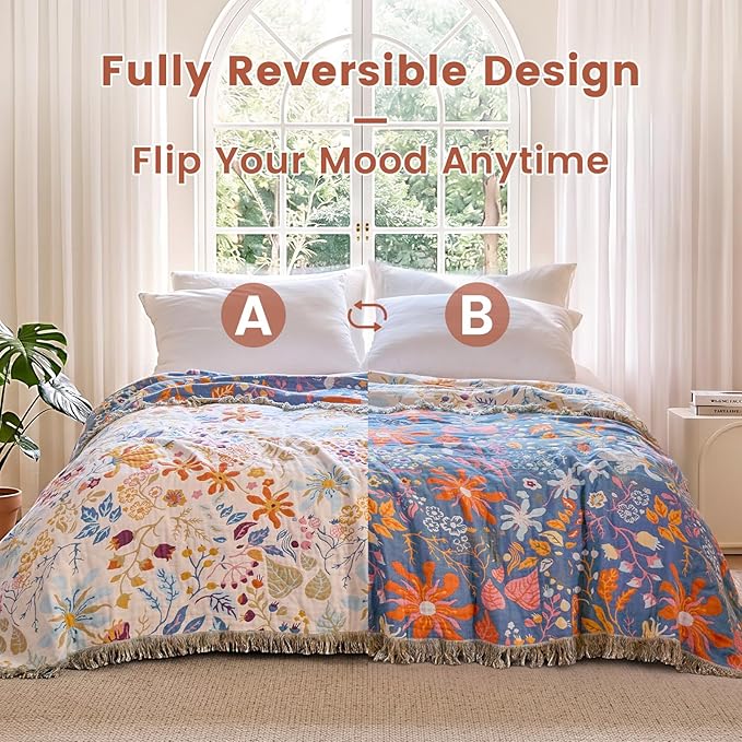 MSGKV Boho Throw Blanket 60"x80" Twin 100% Cotton Floral Blanket for Bed | Twin Size Cotton Throw, Muslin Blanket, Summer Breathable, Farmhouse Decor, Lightweight Comfort, All Season, Machine Washable