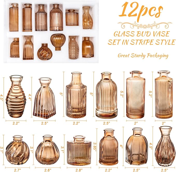 Bud Vases Set of 12, Amber Glass Bud Vase in Bulk for Decor | Small Glass Vases Modern Ribbed Amber Vase Flower Vase for Vintage Boho Wedding Centerpieces Rustic Home Table Decoration