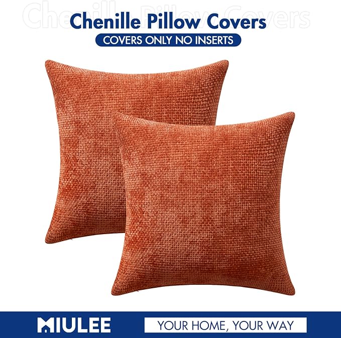 MIULEE Fall Decorative Couch Throw Pillow Covers 18x18 Burnt Orange 2 Pack | Modern Boho Accent, Soft Chenille Pillow Covers, Farmhouse Cushion Cases for Home Decor Bed Sofa Living Room