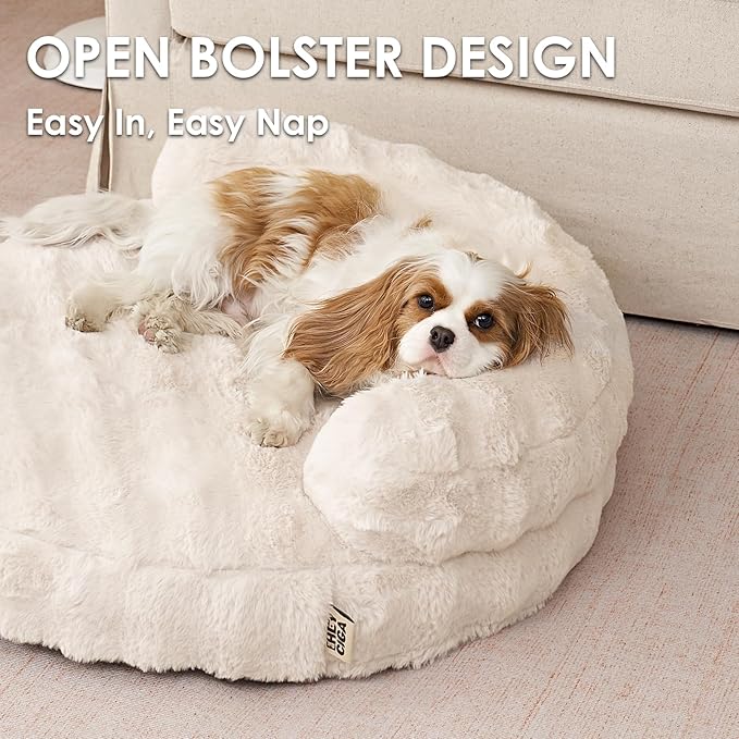 EHEYCIGA Soft Cat Couch Bed for Indoor Cats, Fluffy Small Dog Bed with Removable Washable Cover, Bolster Pet Sofa, Waterproof and Non-Slip, 24" x 24"x 7", Cream