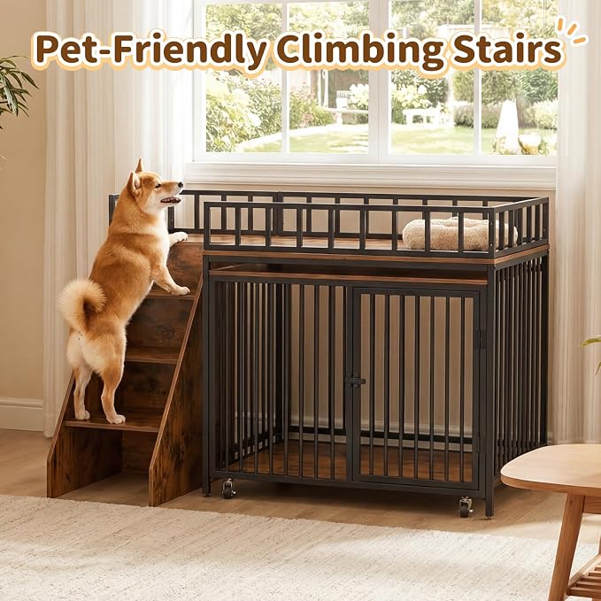 37" Dog Crate Furniture, Wooden Dog Kennel Indoor w/Storage(Rustic Brown) | Heavy Duty Pet Cage Indoor for Small & Medium Dogs, Dog Kennel with Storage Shelf, 4 Lockable Wheels and Stairs, Loft-Style
