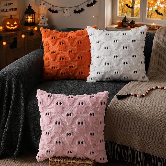 DFXSZ Halloween Pillow Covers 16x16 inch 2Pcs White Ghost Halloween Decor | Halloween Decorations Set of 2 Throw Pillow Cases Plush Faux Fur Wool Cushion for Chair Sofa Bedroom Living Room Home Decor