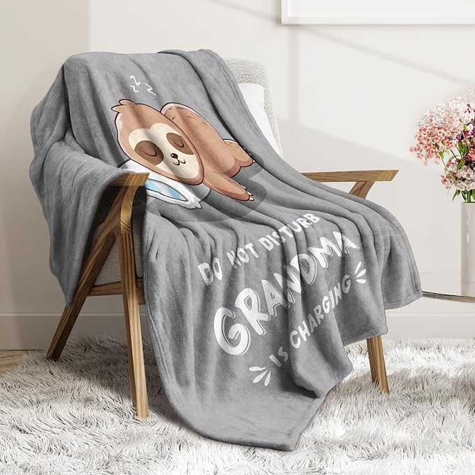 Leebbsin Funny Gifts for Grandma, Grandma Birthday Gift from Grandkids | Grandma is Charging Sloth Blanket 60" x 50", Grey, Grandmas Gift for Christmas Mothers Day, Soft Sloth Blanket for Grandma