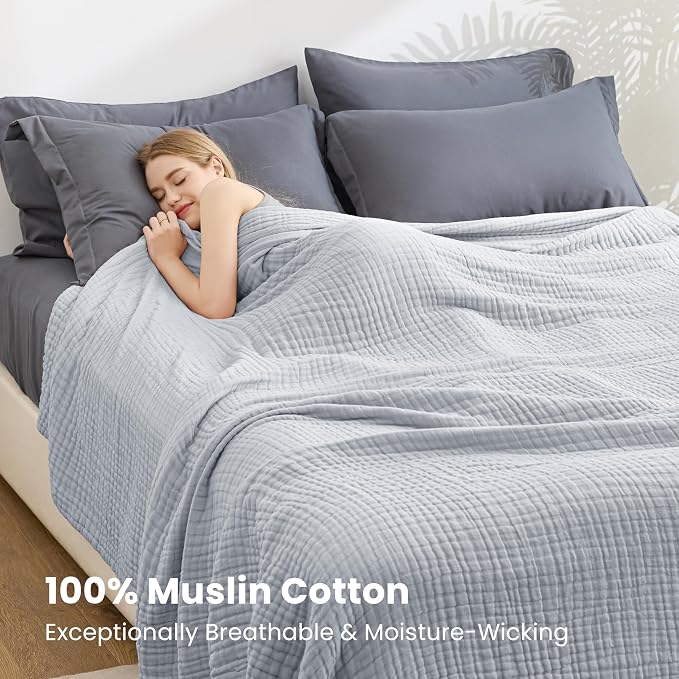 Love's cabin 100% Cotton Muslin Blanket, 6 Layer Lightweight Breathable Gauze King Size Blanket 108 x 90 Inches, Soft Summer Blanket for Bed, Light Grey