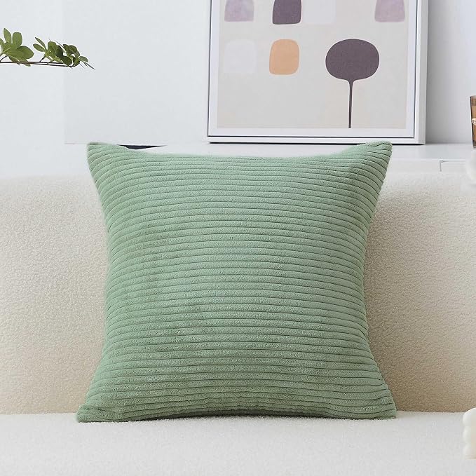Home Brilliant Throw Pillow Cover Green Striped Corduroy Decorative Pillow Cover 20x20 Soft Square Plush Pillowcase for Sofa Chair Bed Decor, 20 x 20 inch (50cm), Iceberg Green