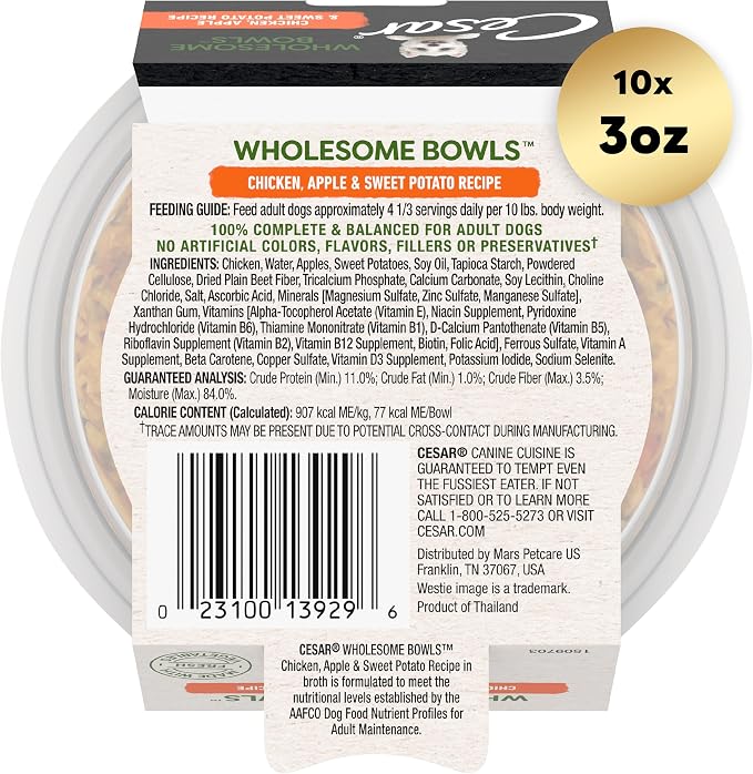 Cesar Wholesome Bowls Wet Dog Food, Chicken & Apple, 3 oz, 10 Count | Real chicken #1 ingredient, slow-cooked, 9 key ingredients, no by-products or artificial flavors, easy to digest
