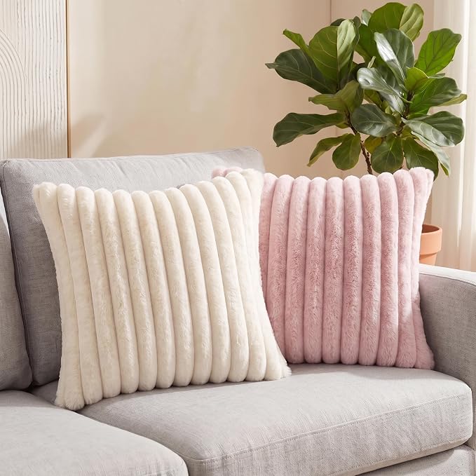 Pack of 2 Throw Pillow Covers 20x20 Decorative Solid Plush Faux Fur with Soft Velvet Back, Square Striped Cushion Cases Modern Farmhouse Home Decor for Living Room Couch Sofa Bed Cream White