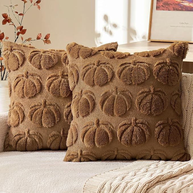 MIULEE Fall Pillow Covers Pumpkin Fall Decor 18x18 Brown | Set of 2 Fall Decorations for Home, Plush Faux Fur Farmhouse Accent Pillowcases, Porch Sofa Couch Cushion Bed Livingroom