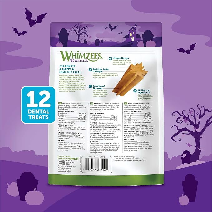 Wellness WHIMZEES Fall Natural Dog Dental Treat, Autumn Halloween Chews, Freshens Breath, Small Size, 6.3 oz Bag, 12 Count