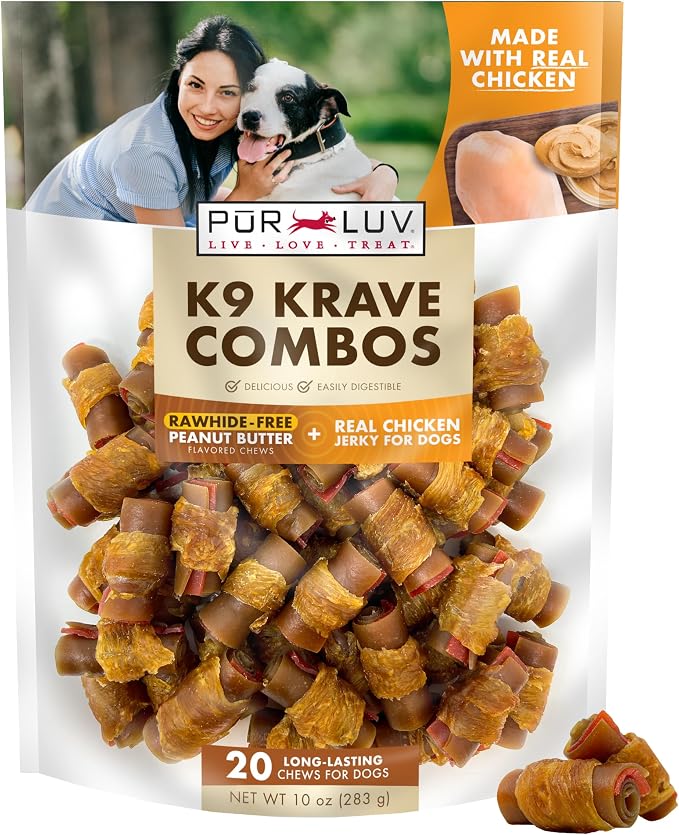 Pur Luv Dog Treats, K9 Kraves Combo Rawhide Free Bone Dog Treat, Peanut Butter and Chicken Flavor, Made with Real Peanut Butter and Chicken, 20 Count, Easily Digestible, Long-Lasting, High Protein | Rawhide-free, high-protein bone: real chicken wrapped...