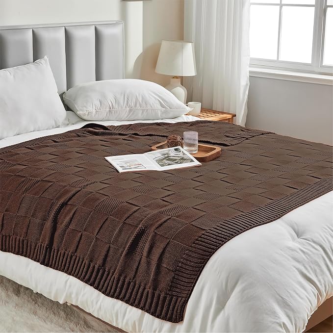 CozeCube Dark Brown Knitted Checkered Throw Blanket 60"X80" | Check Knit Throw for Couch, Decorative Christmas Soft Cozy Warm Blanket for Bed Sofa Living Room