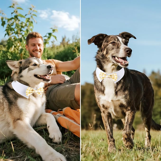 Segarty Dog Bow Tie Neck Girth 16.5-21.2in, Adjustable Yellow Plaid Bowtie Collar for Extra Large Dogs, Tie Tuxedo Comfortable Cotton Pets Grooming Accessory for Formal Wedding Holiday Birthday Party
